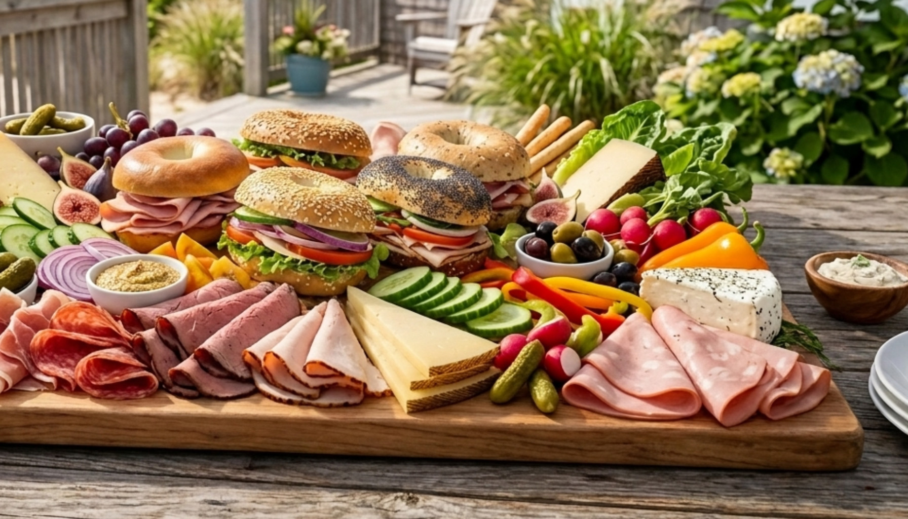 Photorealistic close-up of freshly sliced deli meats and cheeses arranged neatly on white ceramic trays