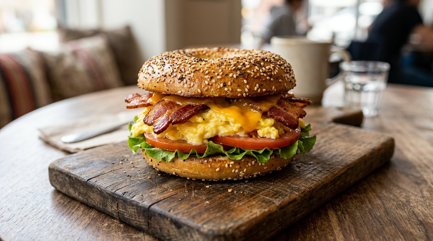 Close-up horizontal shot of a customizable breakfast sandwich resting on a rustic wooden board, featuring a shiny