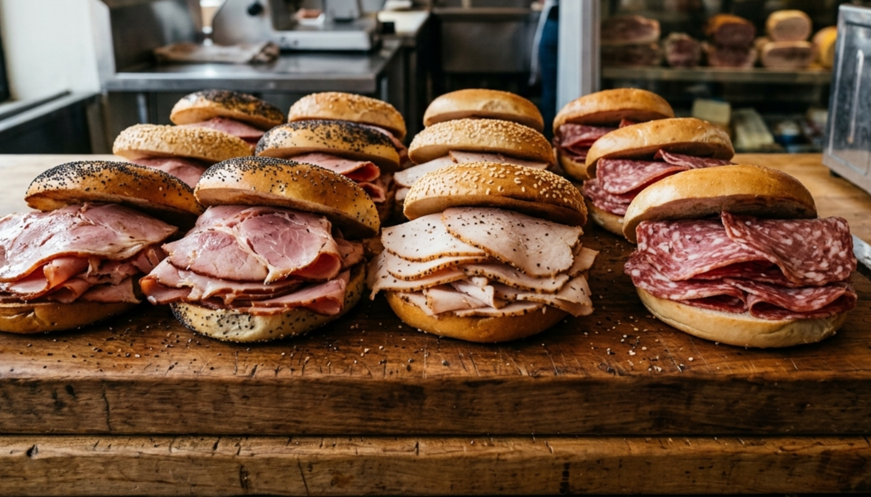 Overhead flat-lay composition of a deli counter showcasing large, whole cuts of deli meats—roast beef, turkey breast